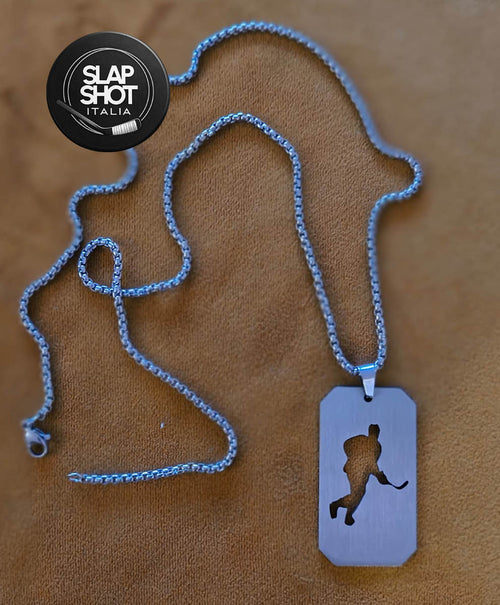 Placca Argento con Incisione Hockey Player e Catena